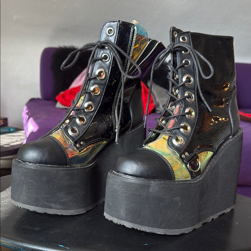 Demonia black and holographic platform boots